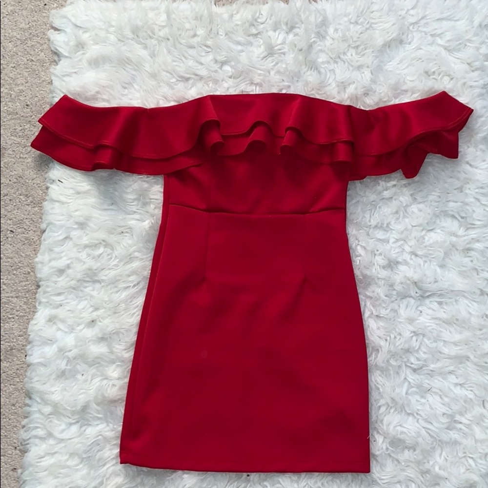 Red Fitted Off the Shoulder Ruffle Dress